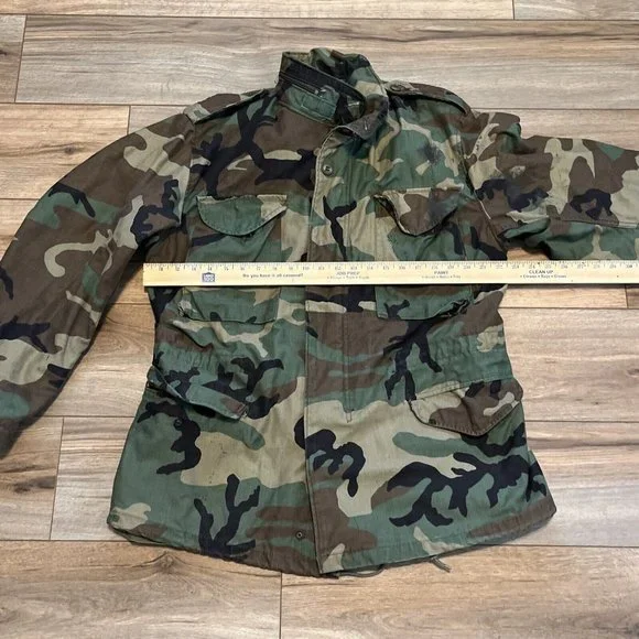 Army Camouflage Cold Weather Field Coat Jacket MEDIUM Reg Full Zip Hidden Hood - Picture 9 of 13